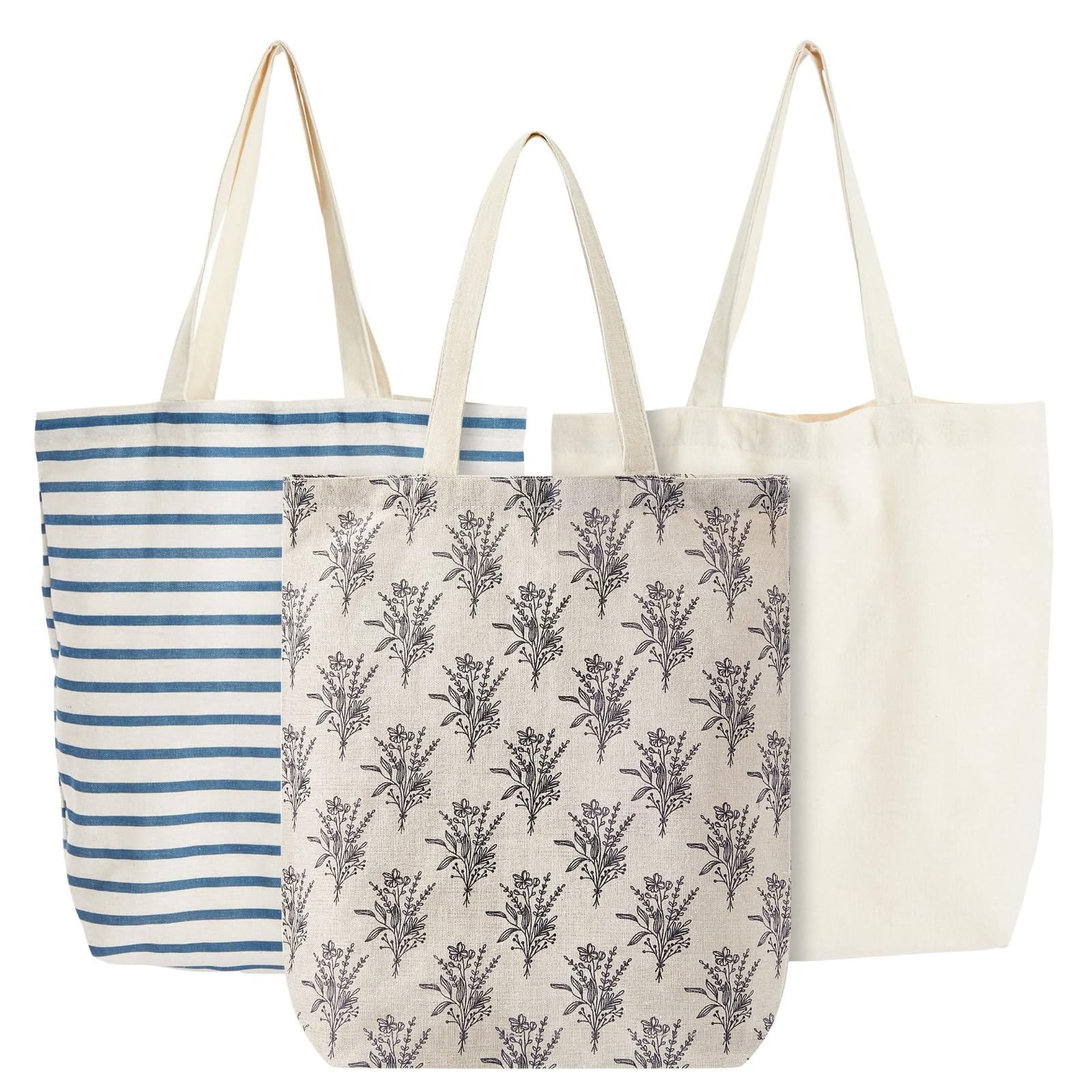 Cotton Canvas Tote Bag Set with Stripes and Floral Print 