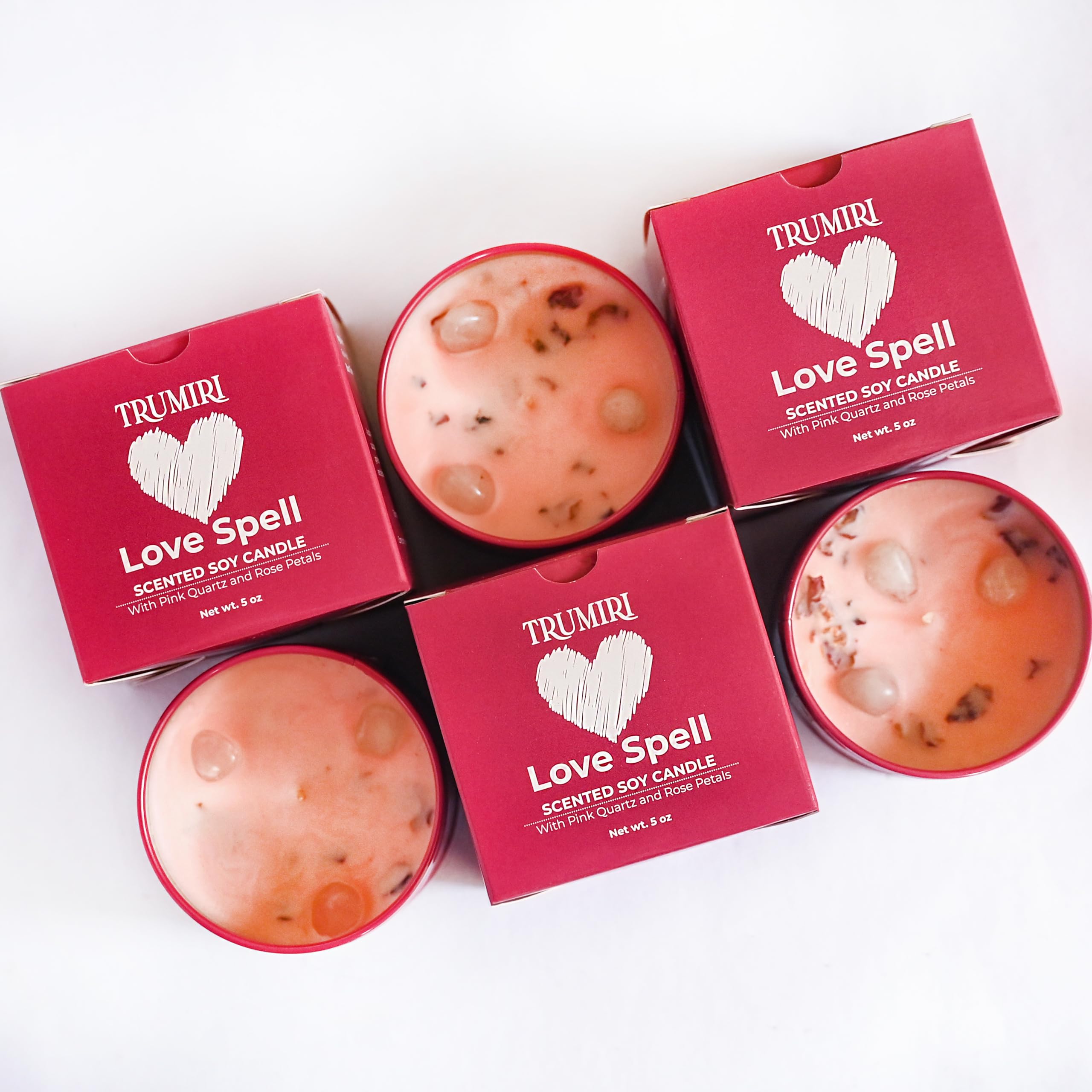 Love Spell Scented Soy Candle with Pink Quartz and Rose Petals