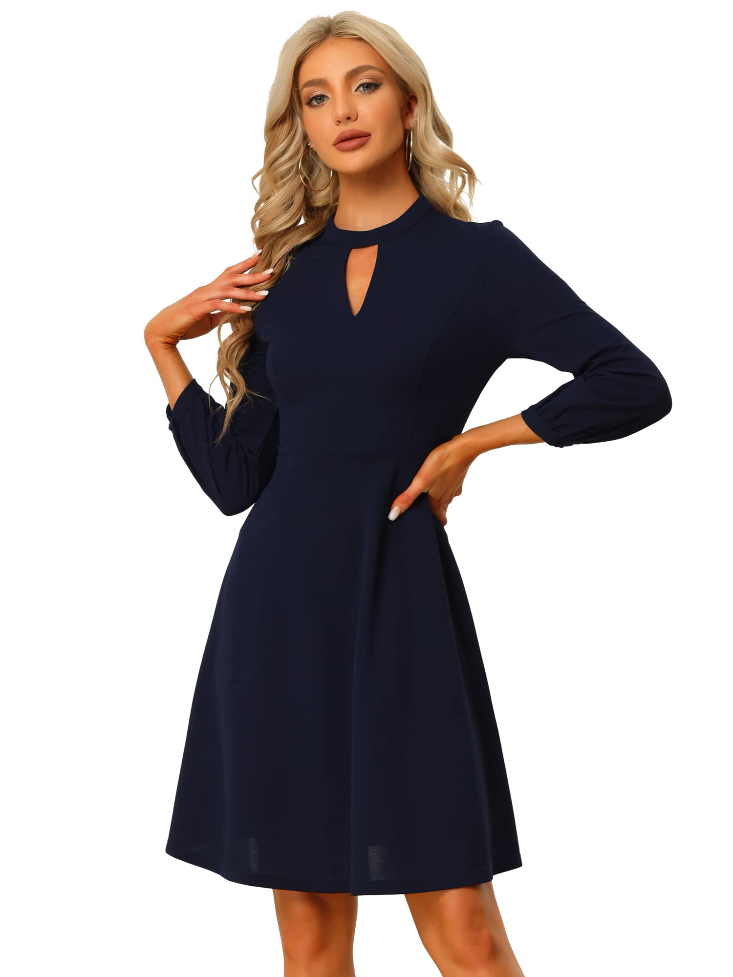 Elegant Navy Keyhole A-Line Dress