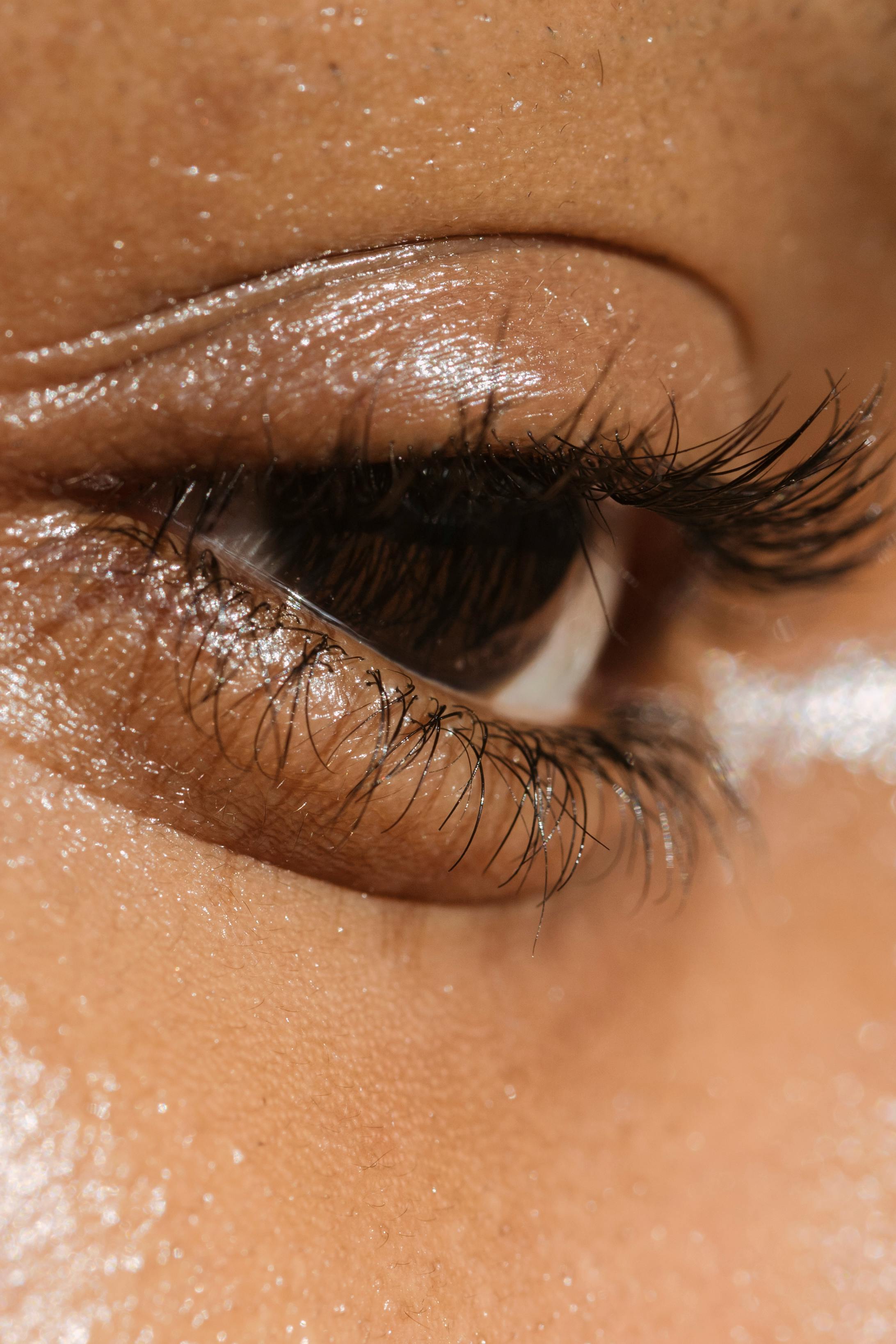 Detailed close-up of a natural eye showcasing eyelashes, lid, and skin texture.