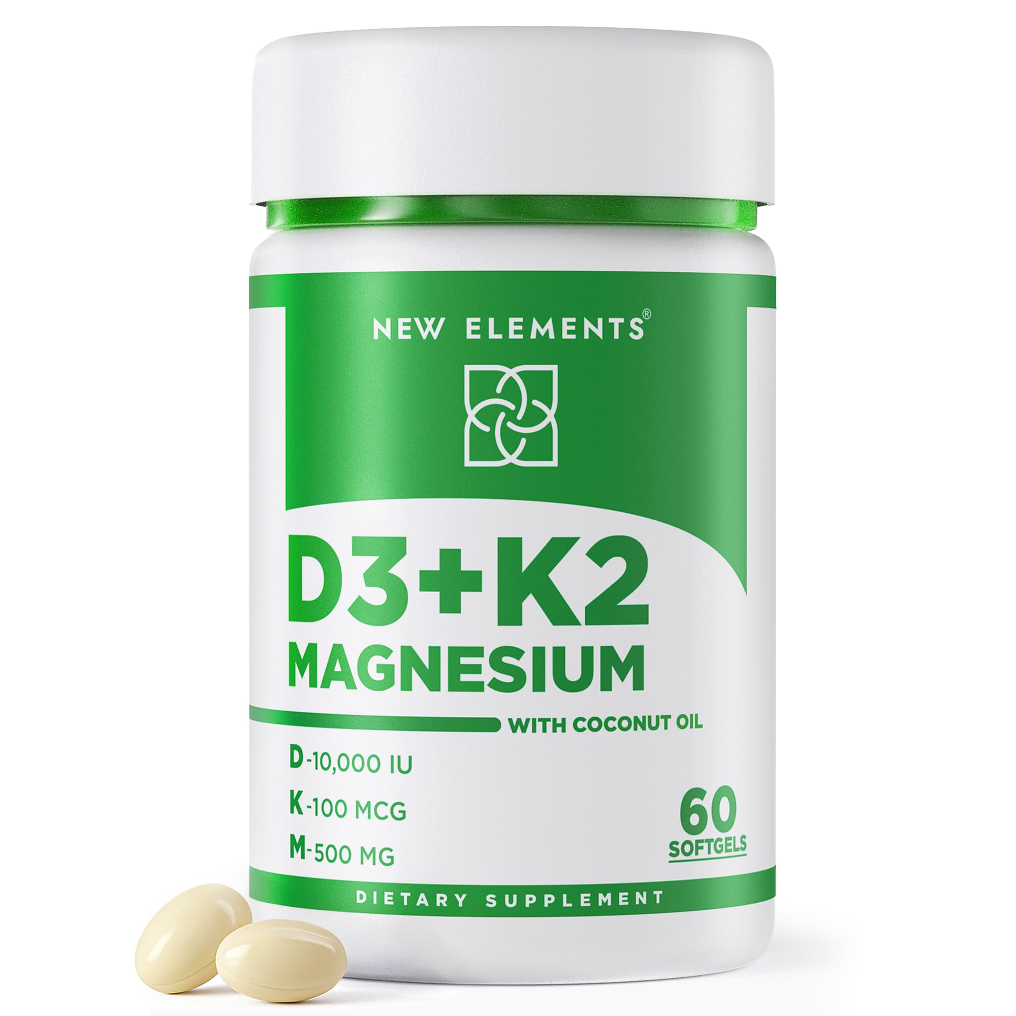 Vitamin D3 + K2 with Magnesium and Coconut Oil - 60 Softgels