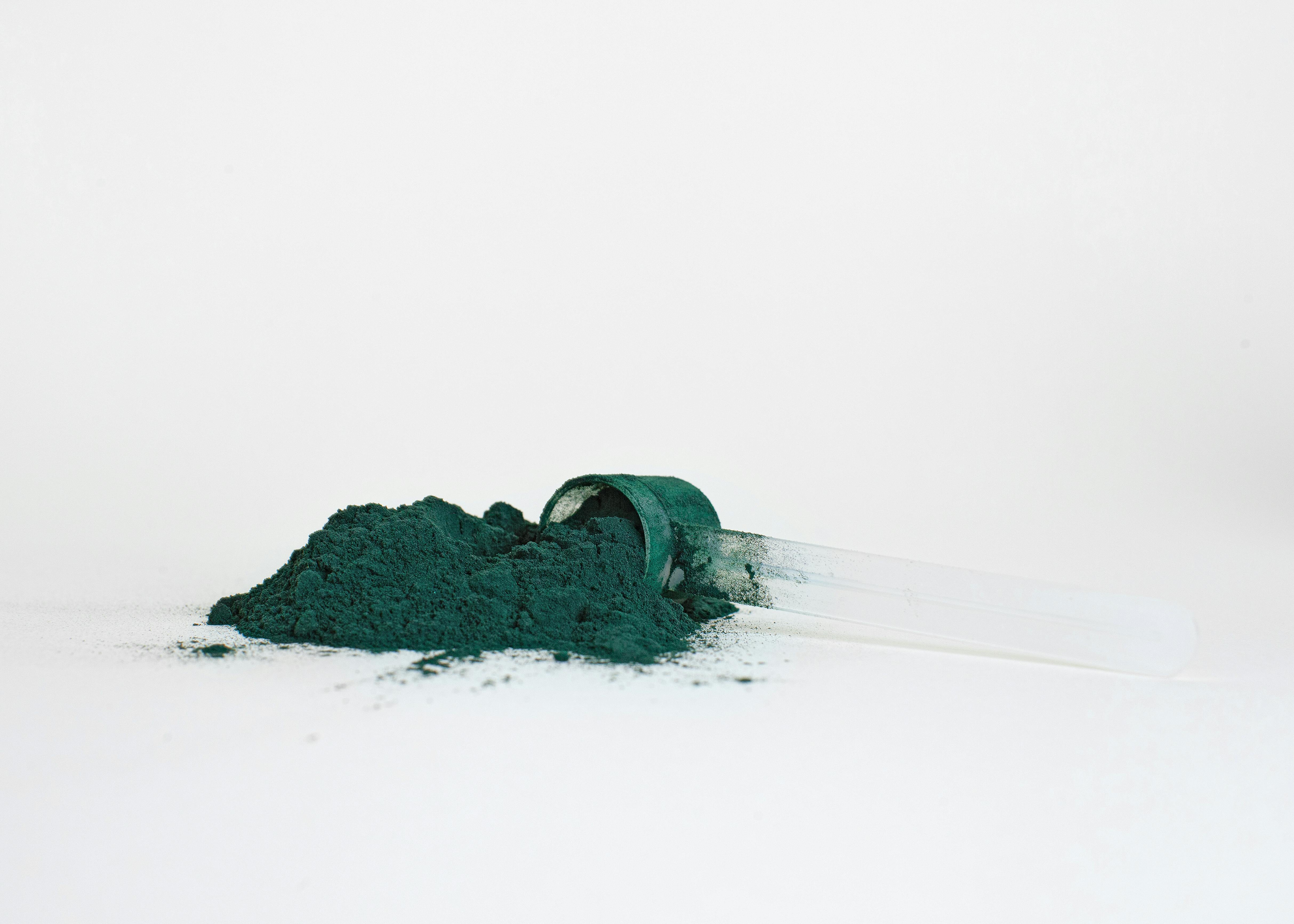 A pile of spirulina powder in a transparent measuring scoop isolated on a white background.
