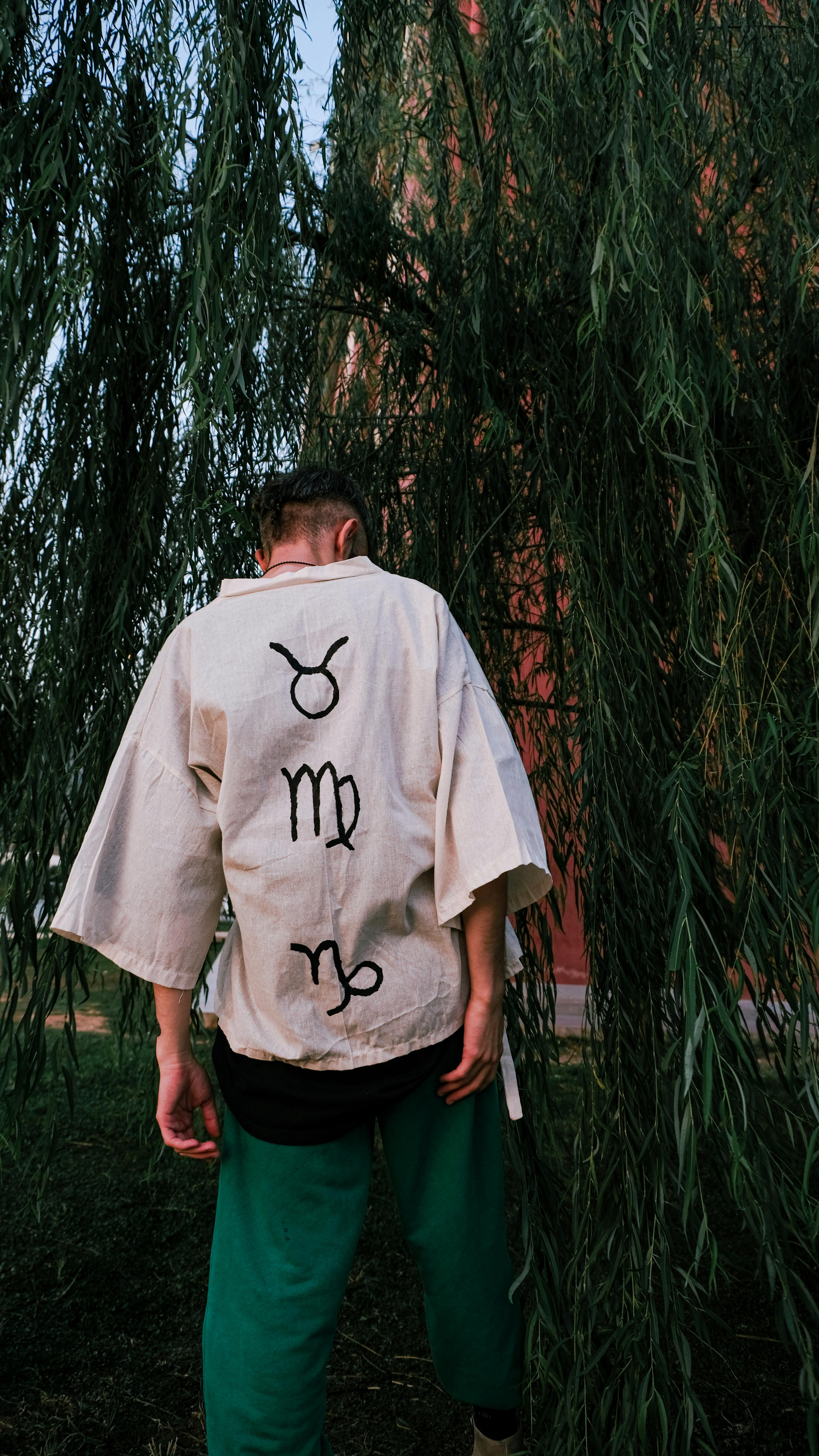A man stands outdoors wearing a shirt with zodiac symbols, surrounded by willow trees.