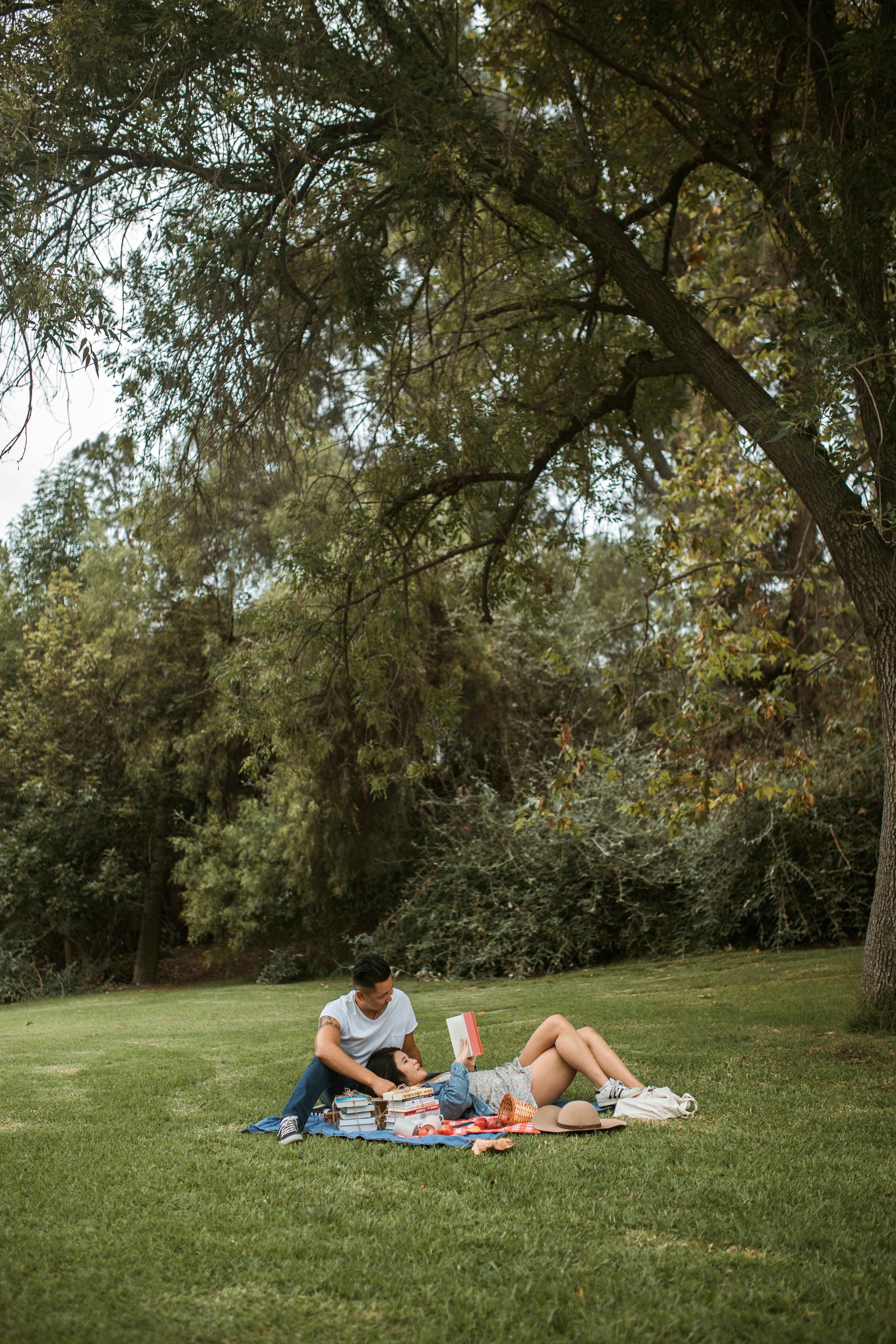 Romantic outdoor picnic with couple reading books on a blanket in a green park.