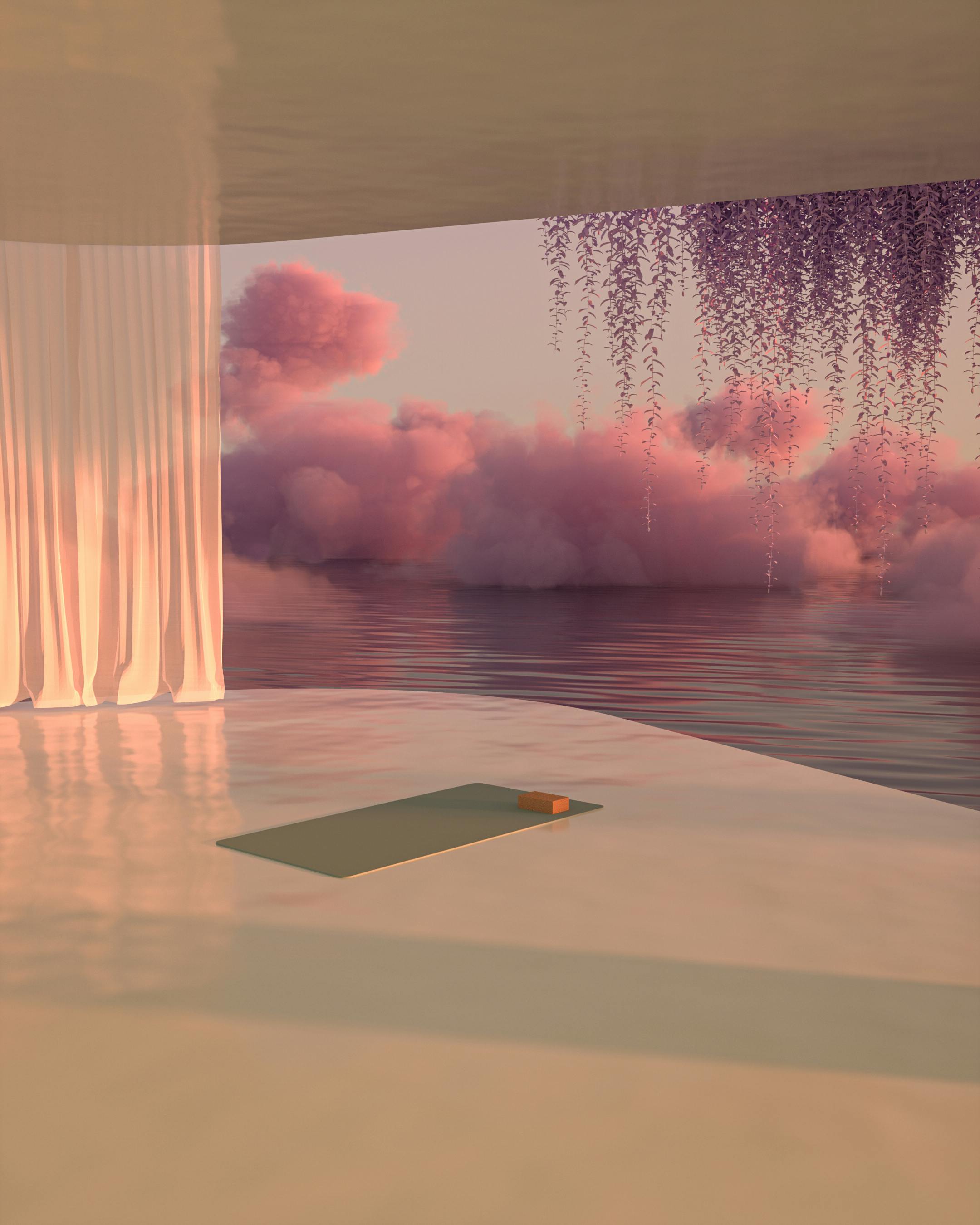 A serene indoor space with pink clouds and a yoga mat by the water, perfect for relaxation.